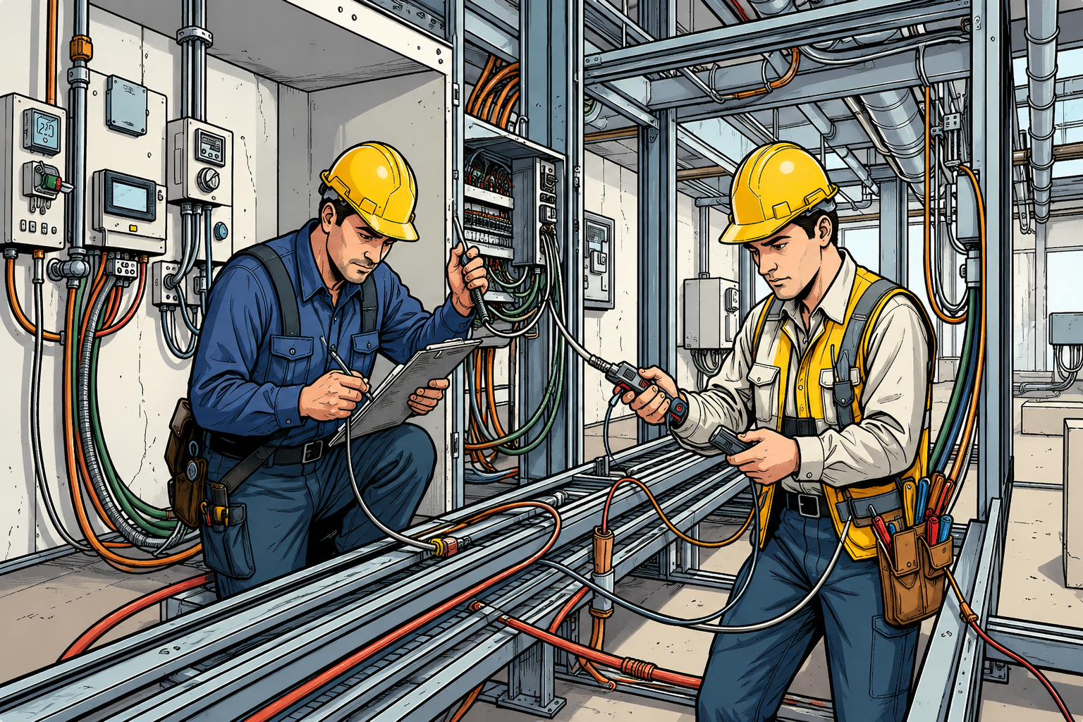 Electricians installing and testing cabling and distribution boards